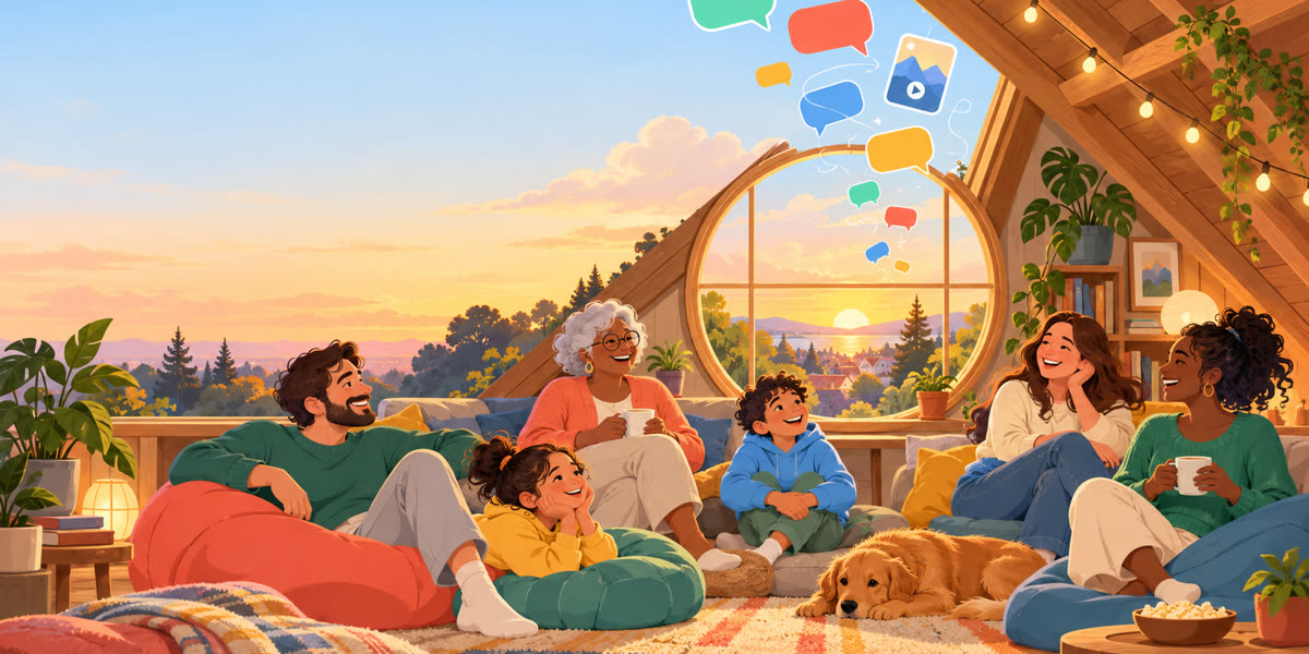 A family relaxing together in a sunny attic room while chat bubbles float above them