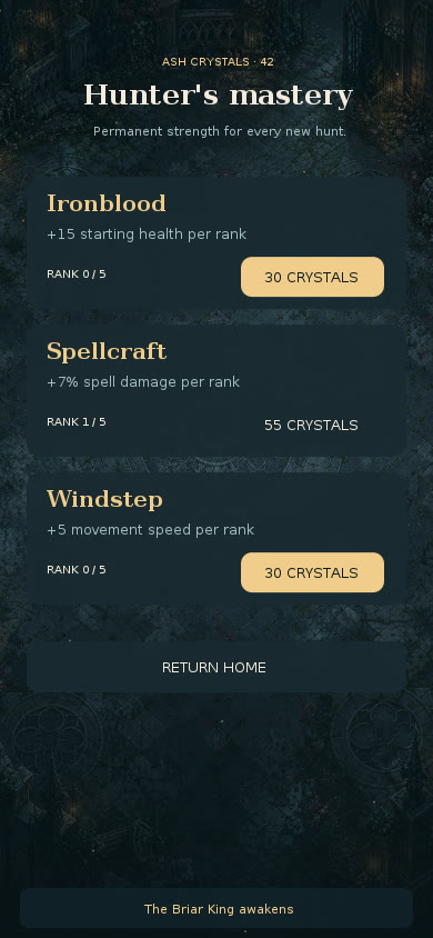 Permanent upgrades bought with crystals