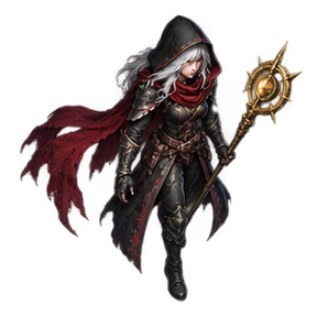 The Hexwake hunter, a hooded spellcaster with a golden staff